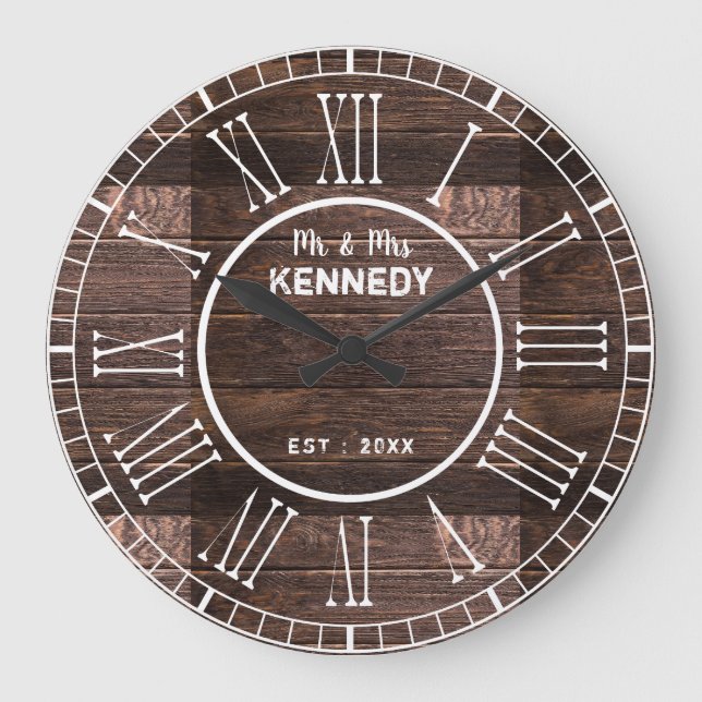 Relógio Grande Casamento Rustic Roman Numeral Barn Wood (Frente)
