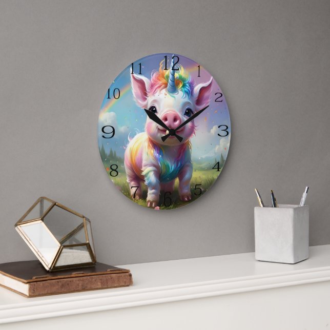 Relógio Grande "Cascos Mágicos: O Rainbow Unicorn Pig" (Escritório)