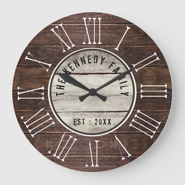 Relógio Grande Castanho Wood Family Name Farmhouse Roman Numeral (Frente)