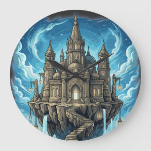 Relógio Grande Castelo Celestial Mágico Flutuante Nas Nuvens