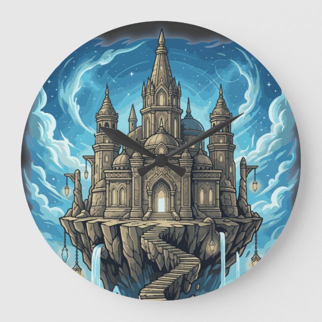 Relógio Grande Castelo Celestial Mágico Flutuante Nas Nuvens (Frente)