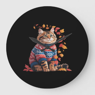Relógio Grande Cat Leaf Fall Olá Autumn Funny Cat Kitten Lover