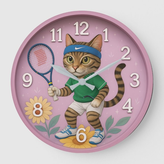 Relógio Grande Cat tennis funny playful pet kids room (Frente)