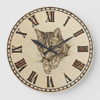 Relógio Grande Cat Wall Clock with Wood-Burned Style Illustration