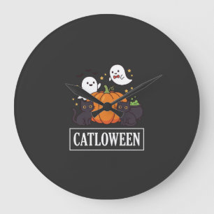 Relógio Grande Catloween Design Divertido de Gato de Halloween Fa