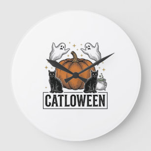 Relógio Grande Catloween Gato Preto Fantasma Halloween Design Vet