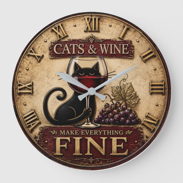 Relógio Grande Cats and Wine Make Everything Fine Rustic Farm (Frente)