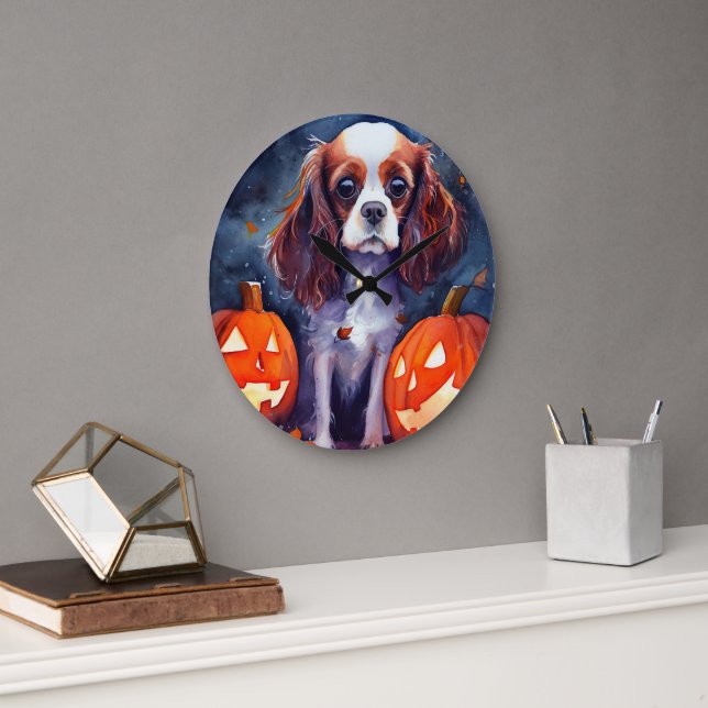 Relógio Grande Cavalier King Charles Spaniel de Halloween Abóbora (Escritório)