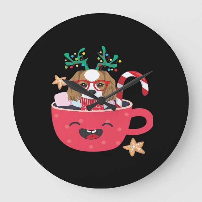 Relógio Grande Cavalier King Charles Spaniel Teacup Xmas Holiday  (Frente)