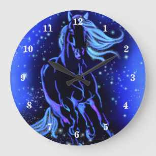 Relógio Grande Cavalo Azul Neon Correndo À Lua À Noite Estrelada