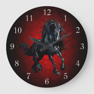 Relógio Grande Cavalo Frísia, garanhão preto, granito vermelho be