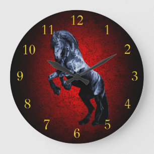 Relógio Grande Cavalo Frísia, garanhão preto, granito vermelho be