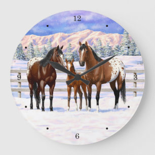 Relógio Grande Cavalos Appaloosa De Baía Castanha Em Neve