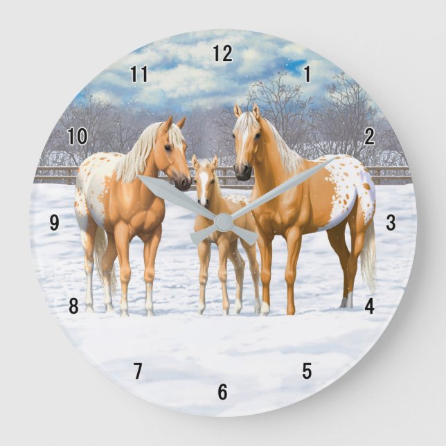 Relógio Grande Cavalos De Palomino Appaloosa Na Neve (Frente)