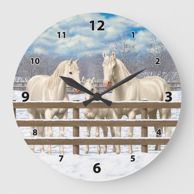 Relógio Grande Cavalos Do Quarto Branco Na Neve (Frente)