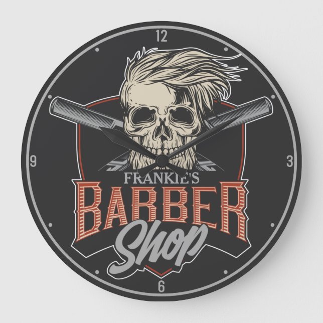 Relógio Grande Caveira e Navalhas do Hipster de Barber Personaliz (Frente)