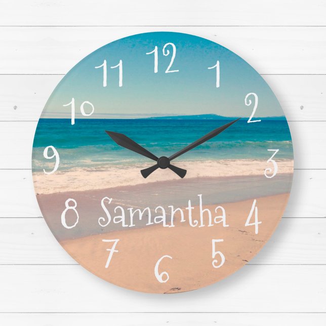 Relógio Grande Cena de praia de Aqua Personalizada (Personalized Aqua Beach Scene Large Clock)