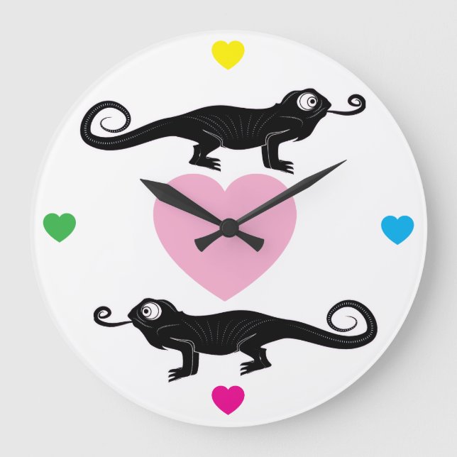 Relógio Grande Chameleons and Rainbow Hearts Round Clock (Frente)