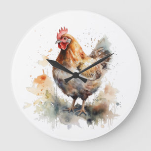 Relógio Grande Charme de Fazenda: Arte de Galinha em Aquarela