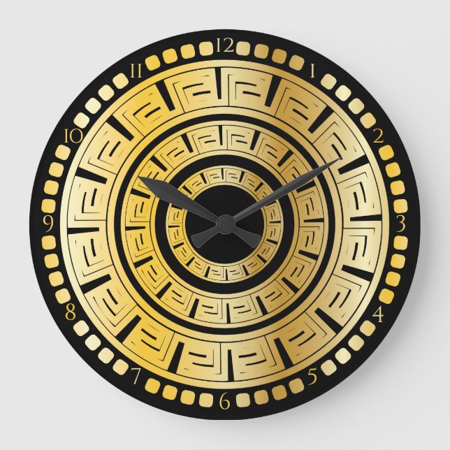 Relógio Grande Chave grega redonda negra e Dourada (Frente)
