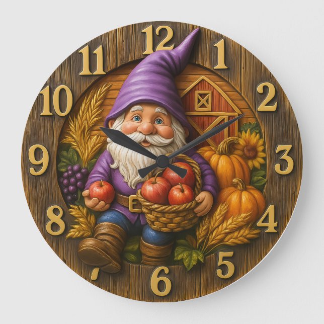 Relógio Grande Cheerful gnome with apple basket harvest (Frente)