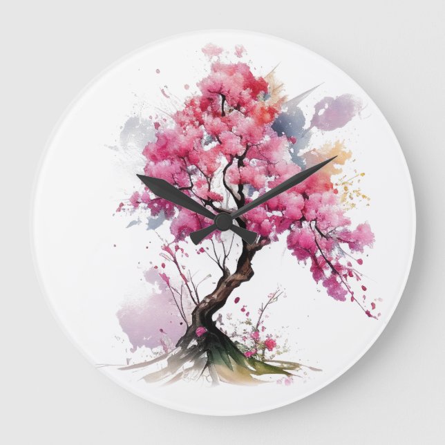 Relógio Grande Cheio Bloomia Sakura Cerejeira Flor Árvore Aquarel (Frente)