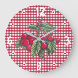 Relógio Grande Cherries Red & White Gingham Kitchen Retro