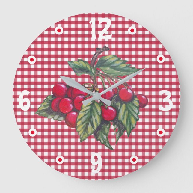 Relógio Grande Cherries Red & White Gingham Kitchen Retro (Frente)