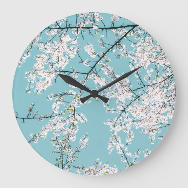 Relógio Grande Cherry Blossoms: Tendência Floral Turquesa (Frente)