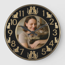 Relógio Grande Chic Black & Gold Cat Lover's Wall Clock