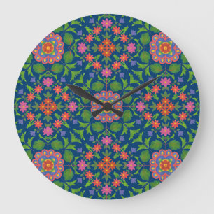 Relógio Grande Chic Floral Rangoli Deep Blue Acrywall Clock