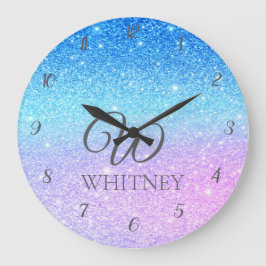 Relógio Grande Chic Purple Ombre Blue Glitter Modern             