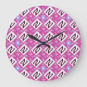 Relógio Grande Chic Rosa Alfabeto Geométrico Inicial N