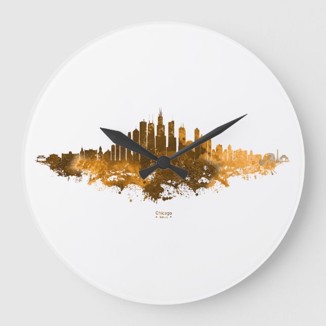 Relógio Grande Chicago City Skyline Watercolor em laranja (Frente)