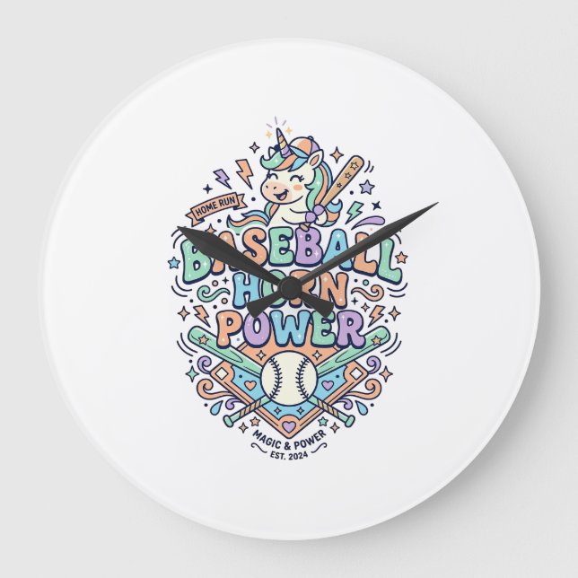 Relógio Grande Chifre de Beisebol Unicórnio Poder Kawaii Design V (Frente)