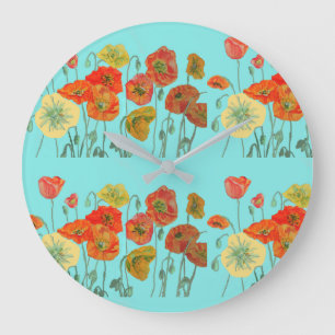 Relógio Grande chique Aqua Poppy Flowers Art Wall Clock