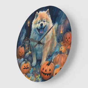 Relógio Grande Chow Chow de Halloween com Abóboras Assustadoras 