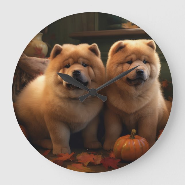 Relógio Grande Chow Chow Puppy Autumn Delight Pumpkin (Frente)