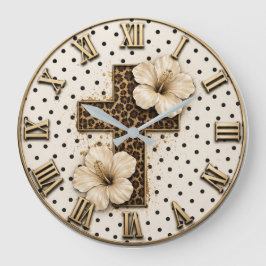Relógio Grande Christian Floral Cross Elegant Leopard Print Faith