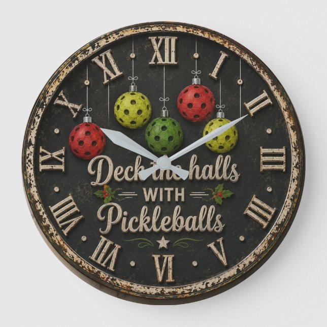 Relógio Grande Christmas Deck the Halls with Pickleballs (Frente)