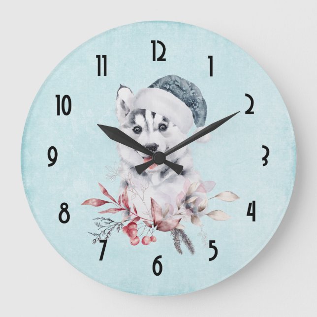 Relógio Grande Christmas Husky Dog in a Santa Hat (Frente)