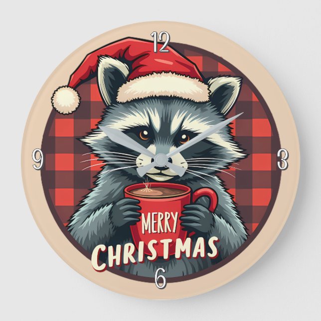 Relógio Grande Christmas Raccoon Cocoa Cheer (Frente)