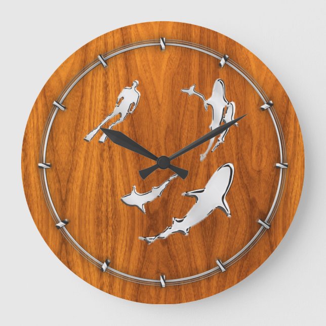 Relógio Grande Chrome Like Diver with Sharks on Teak Veneer (Frente)
