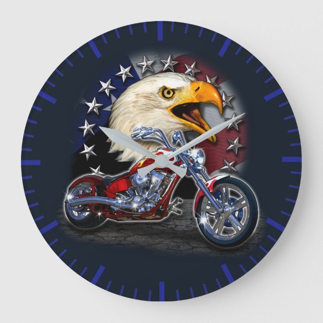 Relógio Grande Chrome Motorcycle Chopper Patriotic Eagle USA Flag (Frente)