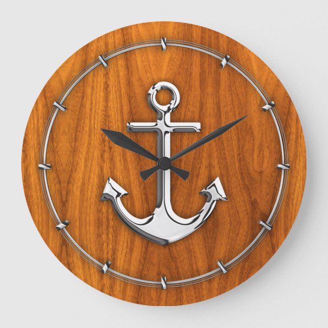 Relógio Grande Chrome Style Anchor on Teak Veneer (Frente)
