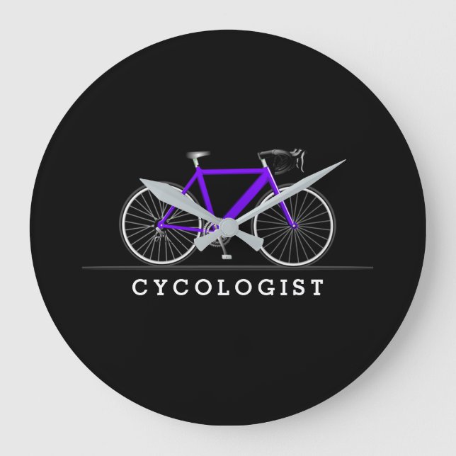 Relógio Grande Ciclista texto com bicicleta roxa (Frente)