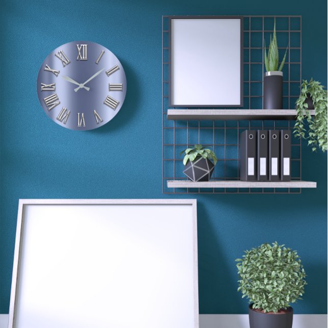 Relógio Grande Cinza Azul Lux Cinza Metálica Número Romano (Blue Lux Gray Metal Grey Silver Roman Number Large Clock)