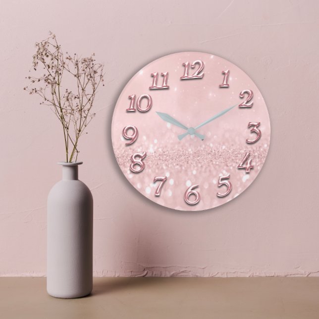 Relógio Grande Cinza de prata reluzente Rosa Mínima Rosa Invertid (Silver Gray Glitter Minimal Pink Rose Blush Girly Large Clock )