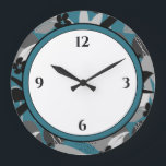 Relógio Grande Cinza Turquesa Borda Floral Branca e Preta<br><div class="desc">O relógio moderno apresenta um design moderno em uma cinza azul-turquesa e uma paleta de cor branca e preta. Um simples design com números pretos sobre fundo branco com uma fronteira floral moderna e turquesa. Uma adição moderna e moderna à sua cozinha, sala de estar ou muro de escritório, um...</div>