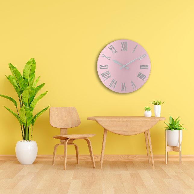 Relógio Grande Cinzas de Prata Rosa Numores Metálicos Romanos Pas (Pink Silver Gray Pastel Metallic Roman Numbers Large Clock )